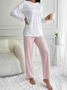 WovenCharm Women's Love Heart & Letter Print Top Striped Pants Pajama Set - Baby Pink - View 3