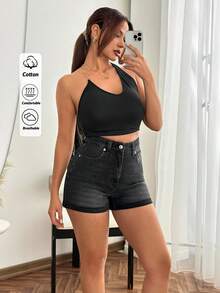 SHEIN High Waist 90's Style Casual Streetwear Black Denim Short Folded Hem Detailed Beach City Break Going Out Summer - Black - View 4