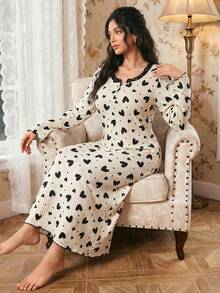 Modelyn Hjärttryckt spetskant med långa ärmar, vinternattlinne för kvinnor - Beige - Visa 3