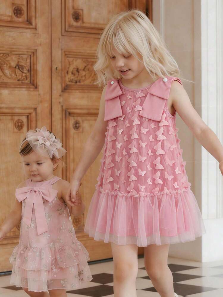 3D Bow Tie Sleeveless Princess Dress For Young Girls 4-7 Years Old, Butterfly Net Gauze, Suitable For Birthday, Weddings, Parties, Vacation, Festivals, Spring And Summer - Pink - View 8