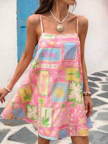 Vivid Eden Women's Casual Palm Tree Print Spaghetti Strap Mini Dress, Vacation - Pink - View 4