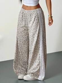 SHEIN PETITE Women's Elastic Waist Casual Versatile Commuting Wide Leg Sweatpants Cheetah Print Bottoms - Multicolor - View 7