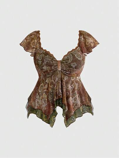 ROMWE Hippie Top corto casual de mujer talla grande con estampado de paisley, parches de malla y mangas con volantes, espalda descubierta, para vacaciones