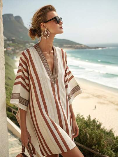 Isle Nomé -D Women V-Neck Vertical Stripe Short Dress,White And Brown,Summer,Boho,Beach,Holiday,Holiday Fashion Striped Print Casual Outing Daily Wear