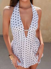 Bris Aura Women's Sexy Polka Dot Print Open Back Halter Mini Dress, Summer Party - White - View 6
