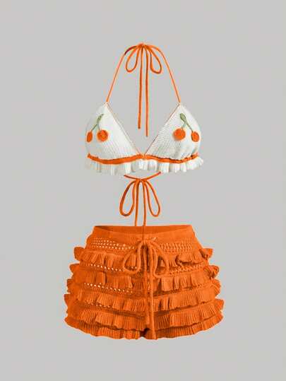 ROMWE Kawaii 可爱度假风钩针露背多层蛋糕裙迷你针织两件套