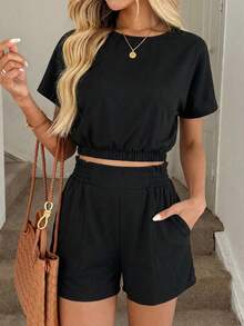 Easowa Bộ 2 món áo croptop và quần short nữ thoải mái, thích hợp cho kỳ nghỉ và đi làm, mùa xuân/hè. - màu đen - Xem 3