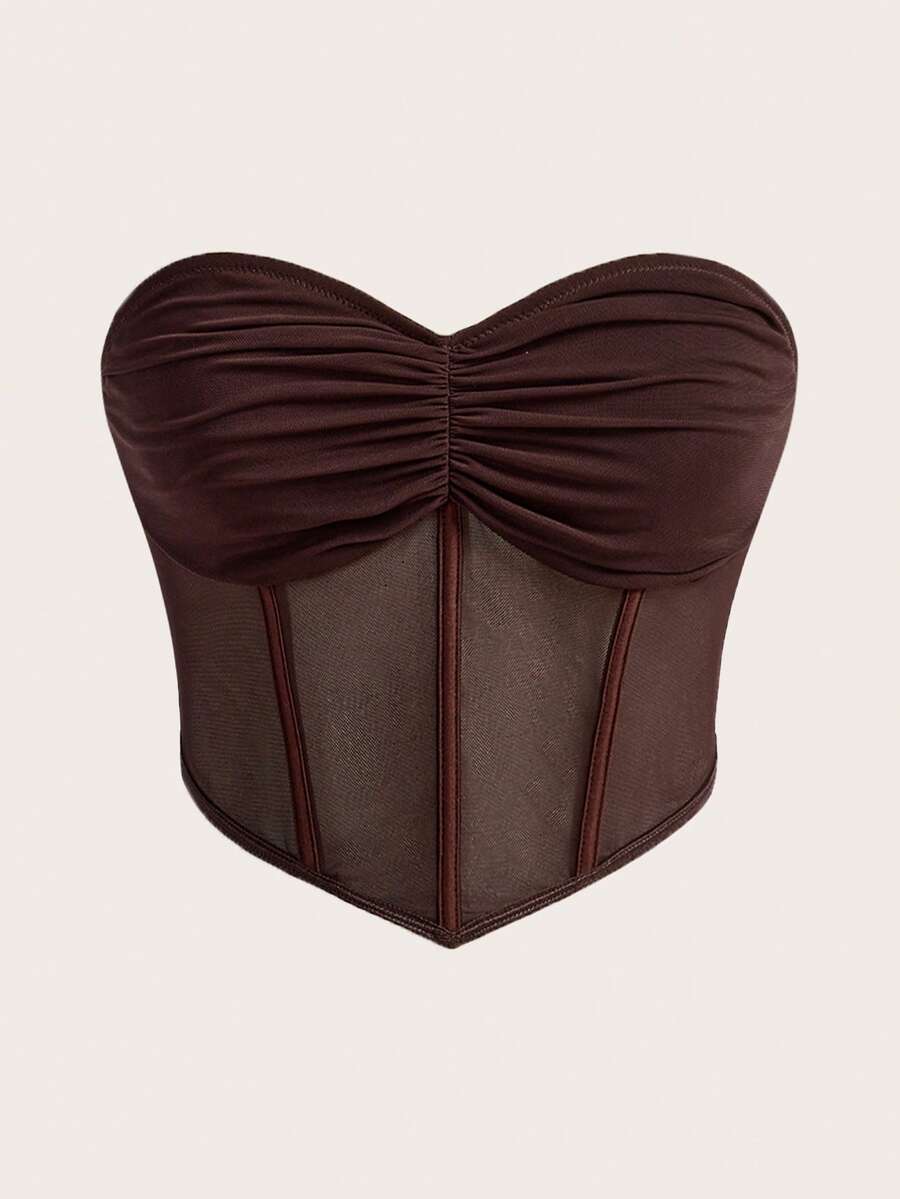 SHEIN ICON Ruched Bandana Hem Mesh Tube Black Corset Top,Summer Top - Mocha Brown - View 1