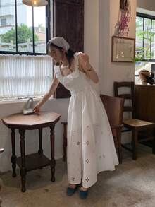 DAZY Women's Casual Ruffle Trim Long Slit Dress, Korean Style - White - View 9