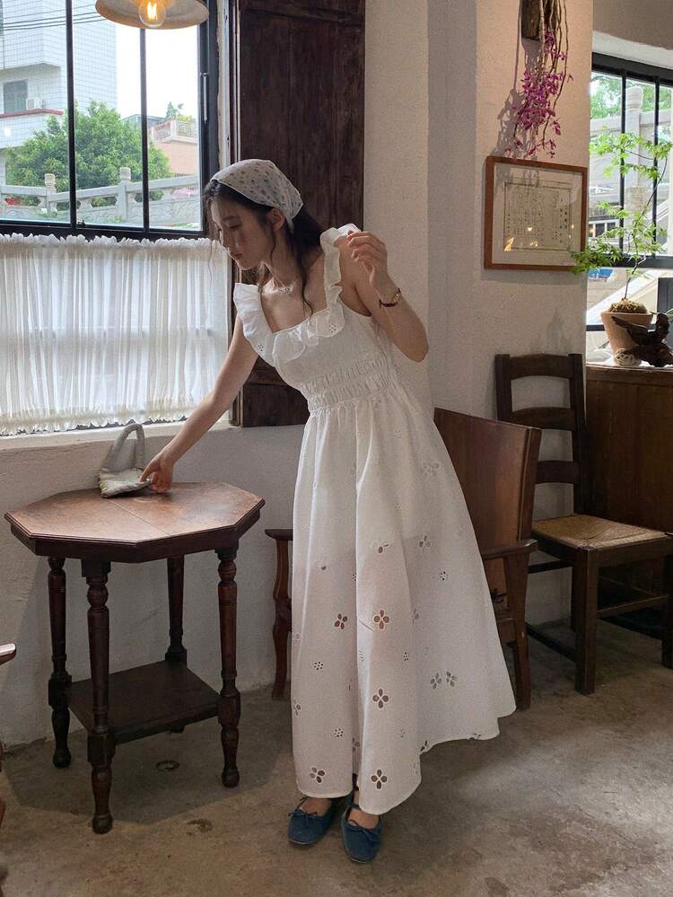 Women's Casual Ruffle Trim Long Slit Dress, Korean Style Boho