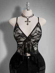 SHEIN ICON 夏季大码性感荷叶边薄纱蕾丝吊带背心 - 黑色 - 查看 3