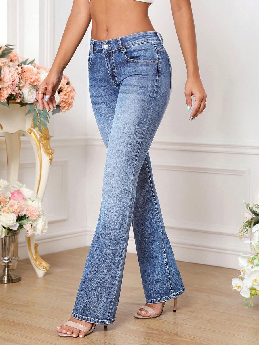 SHEIN Tall Pantalones vaqueros largos de mujer con bolsillo frontal y botones, uso casual diario - Lavado ligero - Ver 1