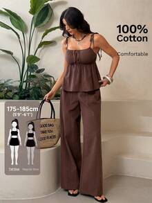 SHEIN Tall 100%纯棉棕色亚麻吊带背心和裤子套装 - 棕色 - 查看 8