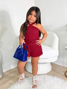 Young Girl Bright Blue Texture Halter Top And Shorts Set, Vacation - Red - View 4