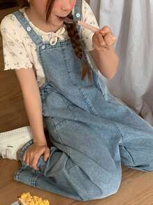 Dazy Kids 少女休闲宽松牛仔背带连体裤 - 藍色 - 查看 5