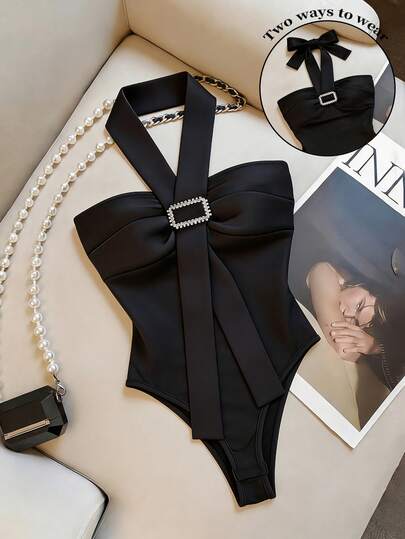 Elenzga Sexy Solid Color Sequin Decor Spaghetti Strap Elegant Bodysuit For Women, Elegant Blouse, Elegant Party Top, Summer Top, Black Top, Shiny Fabric Top, Graduation Outfit, Women's Birthday Outfit, Women's Beach Outfit