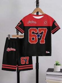 2pcs/Set Toddler Boys' Casual Creative Gradient Black & Red Number 67 Letter Slogan Print Short Sleeve T-Shirt And Shorts, Comfortable Daily Outfit For Spring, Summer & Autumn - Multicolor - View 5