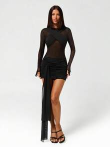 SHEIN ICON 夏季女士黑色科切拉音乐会俱乐部性感度假外出派对舞会时尚性感网纱拼接紧身迷你连衣裙 - 黑色 - 查看 7