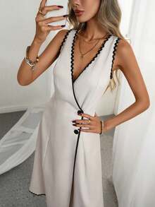 Rafferiza Vestido casual de estilo vacacional para mujer con cuello en V y volantes 3D, ajuste favorecedor con cintura ceñida, color melocotón claro - Albaricoque - Ver 6