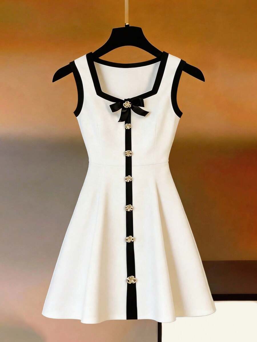 SHEIN Franclia Women's Summer Black And White Elegant Tea Party Color Block Square Neck Sleeveless Mid-Length Knit Dress,Stretchy Ribbed Bowknot Metal Button Detail - White - View 1