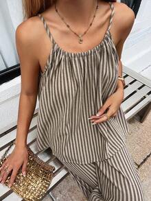 Livesso 女士休闲夏季两件套，宽松条纹吊带背心和阔腿裤 - 卡其色 - 查看 5