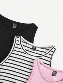 3pcs Tween Girls Casual Minimalist Knit Camisole & Skirt Set - Multicolor - View 3