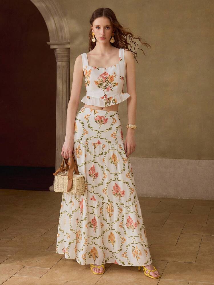WOMEN'S FLORAL PRINT RUFFLE HEM CROP TANK TOP AND TIERED SKIRT SET, VACATION OUTFIT