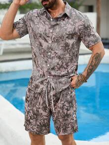 VENTUSAIL Conjunto de camisa de manga corta y pantalones cortos de satén jacquard de moda para hombres - Multicolor - Ver 5
