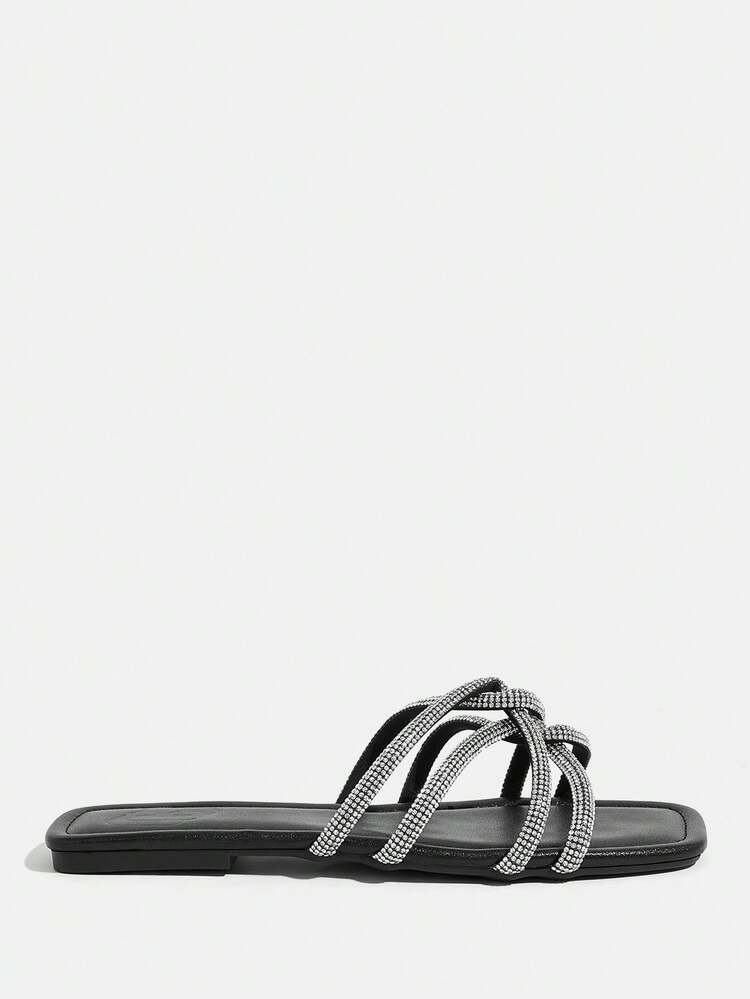 CUCCOO TILAWA Women Shoes Summer Ladies Fashion Square Toe Flat Bottom Black Rhinestone Strip Comfortable Vacation Fashion Gorgeous Ladies Flat Sandals Slippers
