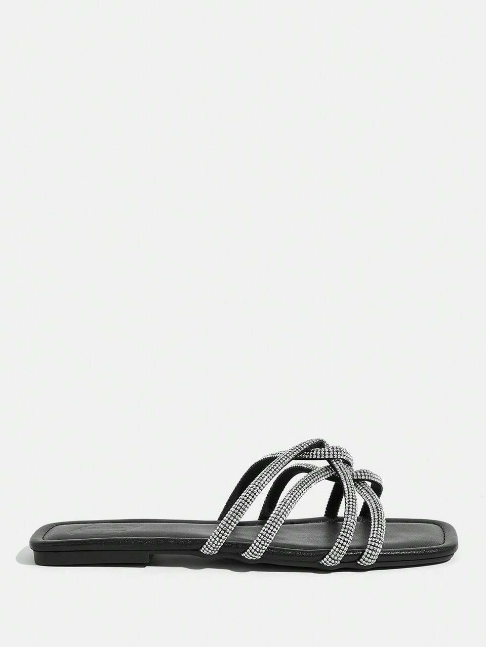 CUCCOO TILAWA Women Shoes Summer Ladies Fashion Square Toe Flat Bottom Black Rhinestone Strip Comfortable Vacation Fashion Gorgeous Ladies Flat Sandals Slippers