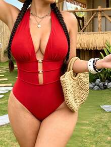 Swim Vcay Plus Size One-Piece Swimsuit, Solid Color Hollow Halter Tie Strap, European And American Resort Series - Red - View 6