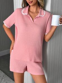 SHEIN Cozy Sweet Ribbed Knit Lace Trim Short Sleeve Pajama Lounge Set - Pink - View 5