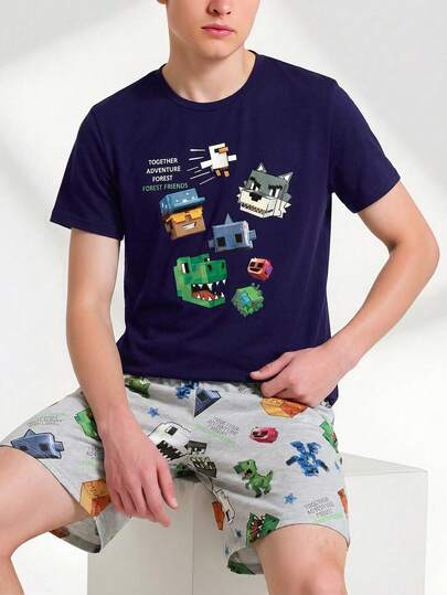 Set de 2 piezas Estilo de calle casual para adolescentes varones, conjunto de ropa a juego con estampado gráfico inspirado en elementos de juegos callejeros, pantalón con estampado todo sobre, shorts de ajuste holgado de unicolor y camiseta, conjunto de ropa de estar cómoda