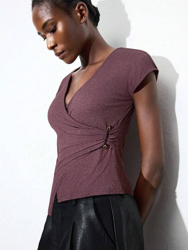 SHEIN Maija Women's Solid Color Ruched V-Neck Short Sleeve Fitted Blouse