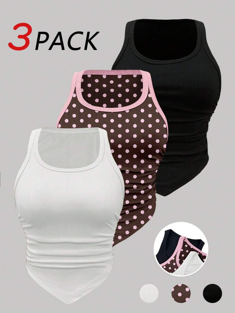 SHEIN ChicEase Bộ áo hai dây xếp ly cổ nhọn viền gân, nhiều màu - Nhiều màu - Xem 1