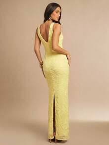 Silquee Đầm Jacquard thanh lịch dành cho nữ, thắt eo, thích hợp cho các buổi tiệc cocktail, đám cưới, sinh nhật, tiệc chiêu đãi, kỳ nghỉ biển. - Màu vàng ngỗng - Xem 2