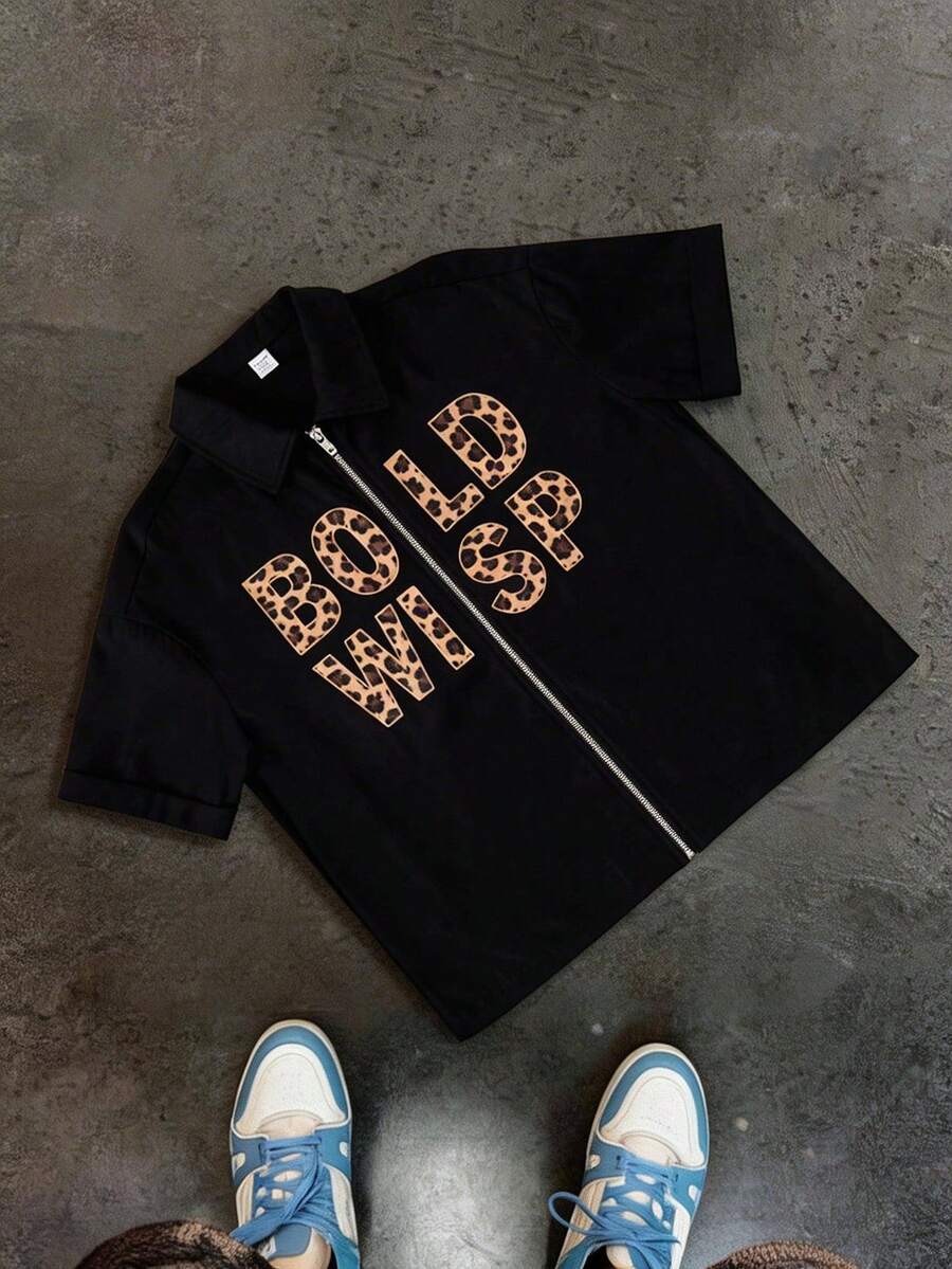 Teen Boy Loose Leopard Print Letter Pattern Polo Collar Short Sleeve Shirt Suitable For Birthday Parties, Evening Parties, Performances, Weddings, Baptisms, Opening Ceremonies Daily Suitable For Daily Use Suitable For School Suitable For Travel Suitable For Sports Suitable For Spring And Summer
