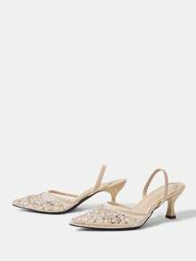 CUCCOO HITCHD 女士花卉图案优雅派对高跟凉鞋，适合圣诞节穿着 - 1杏色 - 查看 3