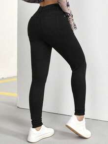 SHEIN Tall 女士纯色紧身休闲牛仔裤 - 黑色 - 查看 2