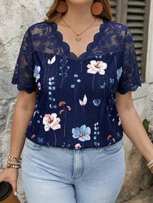 SHEIN LUNE Plus Size Summer Casual Lace Patchwork Floral Print T-Shirt - Navy Blue - View 5