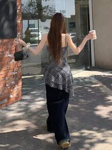 DAZY 韩版女士温柔夏季格子荷叶边不对称吊带休闲吊带衫 - 黑色 - 查看 2