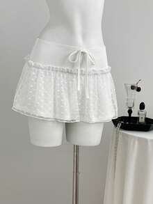 Sexy Lace Trim Jacquard Mini Skirt, Versatile Low Waist A-Line Hem Skirt - White - View 1