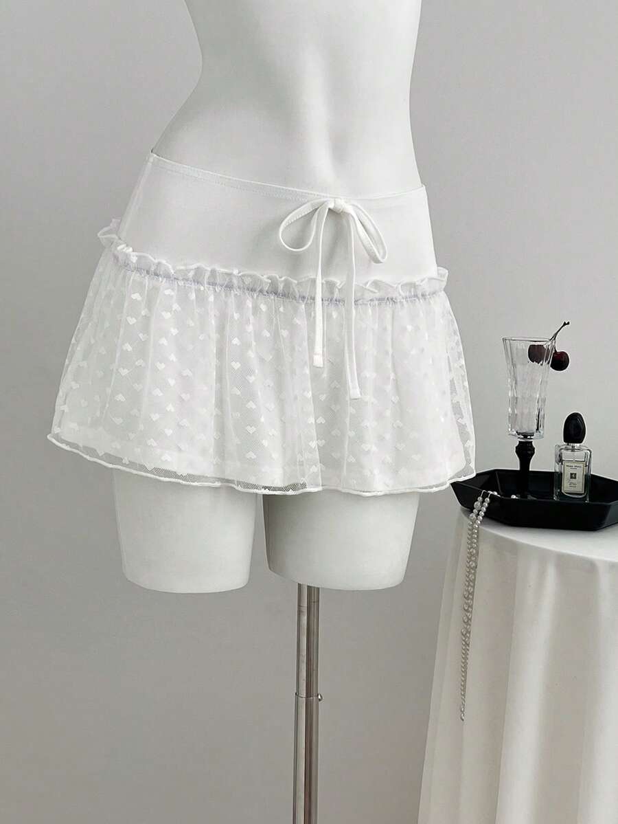 Sexy Lace Trim Jacquard Mini Skirt, Versatile Low Waist A-Line Hem Skirt - White - View 1