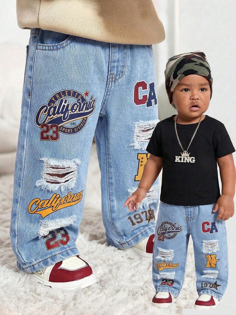 SHEIN Baby/Toddler Boys' Aqua Blue Summer Street Life Casual Graphic Street Fashion Y2k Distressed Letter Print Ripped Frayed Loose Fit Denim Baggy Jeans - Light Wash - View 1