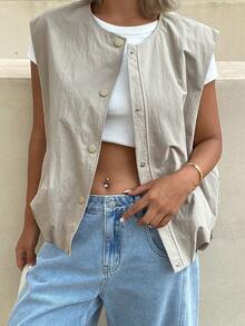 DAZY Women's Solid Color Loose Round Neck Sleeveless Pleated Casual Vacation Summer Thin Jacket Vest Everyday Beige School - Grey - View 1