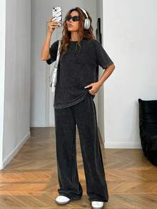 SHEIN EZwear 女士休闲裤套装，95%棉，适合日常穿着 - 黑色 - 查看 6