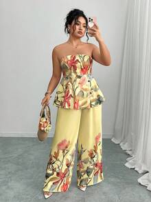 Elenzga Conjunto de 2 piezas de talla grande con top sin mangas con estampado floral elegante y pantalones rectos sueltos, para verano - Multicolor - Ver 6