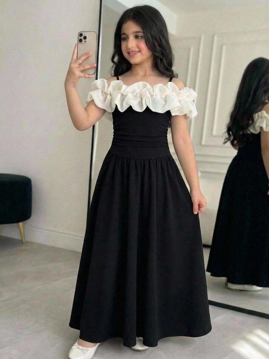 青少年女孩休閒優雅露肩誇張抓褶歐根紗裝飾對比色拼接荷葉邊下擺大裙擺長洋裝派對禮服黑色杏色 - 黑色 - 查看 1