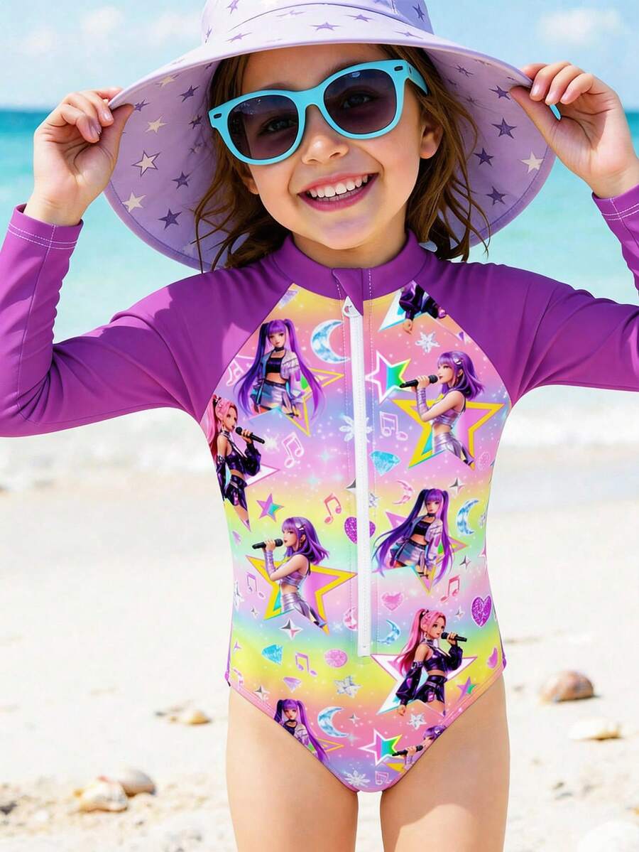 SHEIN K-Pop 女团卡通女孩泳装，亮紫色，K-Pop 超级明星卡通女团泳装，适合年轻女孩的休闲简约圆领长袖连体泳衣 - 彩色 - 查看 1