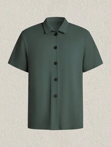 Mercer Haus Kemeja Pria Kasual Lengan Pendek Warna Polos dengan Kancing Depan, Modis dan Serbaguna untuk Pemakaian Sehari-hari, Liburan Musim Semi, Musim Panas, dan Pantai - Dark Green - View 4